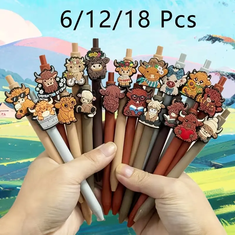6/12/18 pcs Cute Highland Cow Print Pen Set, Ink Retractable Pens, Writing Pens, Holiday Gift Pen, Cartoon Highland Cow Gift Box, School Home Office Stationery Gifts, Office Supplies