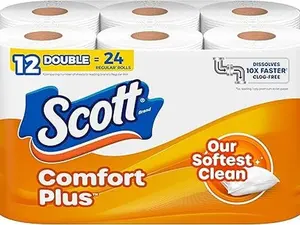 Scott ComfortPlus Toilet Paper, 12 Double Rolls, 231 Sheets per Roll, Septic-Safe, 1-Ply Toilet Tissue 12 Count