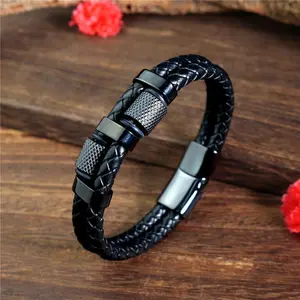 Double Leather Braided Bracelet Stainless Steel Magnetic Buckle Bangle