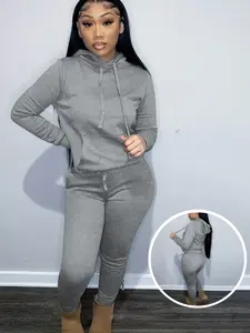 USBoutique Chic Women's Solid Drawstring Hoodie & Pocket Sweatpants Two-piece Set, Casual Long Sleeve Hooded Sweatshirt & Trousers for Fall, Womenswear Fall Clothes for Daily Wear, Downtown Girl Clothes, Girl with Blue Pants 2-piece woman