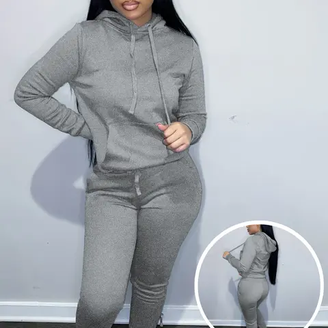 USBoutique Chic Women's Solid Drawstring Hoodie & Pocket Sweatpants Two-piece Set, Casual Long Sleeve Hooded Sweatshirt & Trousers for Fall, Womenswear Fall Clothes for Daily Wear, Downtown Girl Clothes, Girl with Blue Pants 2-piece woman