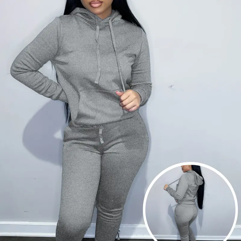 USBoutique Chic Women's Solid Drawstring Hoodie & Pocket Sweatpants Two-piece Set, Casual Long Sleeve Hooded Sweatshirt & Trousers for Fall, Womenswear Fall Clothes for Daily Wear, Downtown Girl Clothes, Girl with Blue Pants 2-piece woman