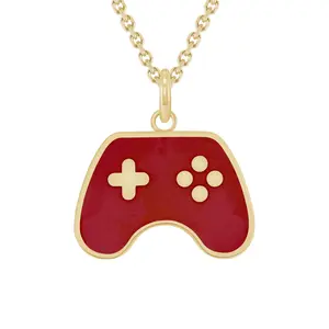 Gaming Controller Pendant Necklace in Solid Gold, Red Enamel