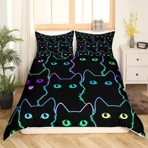 Cartoon Cat Duvet Cover,Pet Pattern Cute Kitten Neon Light Quilt Cover,Room Decor Colorful 3D Animal Cat Lover's Bedspread Cover,No Comforter