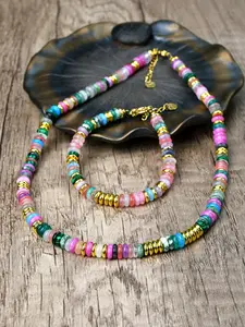 Fashion Colorful Natural Stone Necklace Bracelet Set, Dopamine Beads Choker Party Vacation Jewelry, Perfect Gift for Women