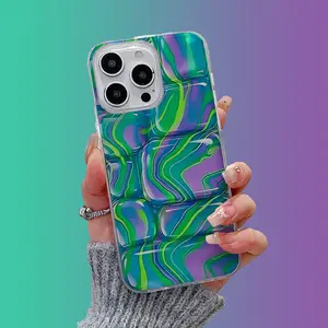 【1pcs】Ice Marble Puffer Phone Case - Shockproof, Drop-Resistant & Anti-Slip, Glossy Iridescent Gradient Pattern for iPhone, Durable Protective Cover with Cushioned Padding