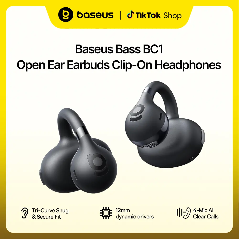 Baseus Bass BC1 Open Ear Earbuds Clip-On Headphones, Open-Ring Comfort with Tri-Curve Snug Clip, Powerful Sound with SuperBass, 4-Mic Clear Calls, IP55 Waterproof, 38H Playtime
