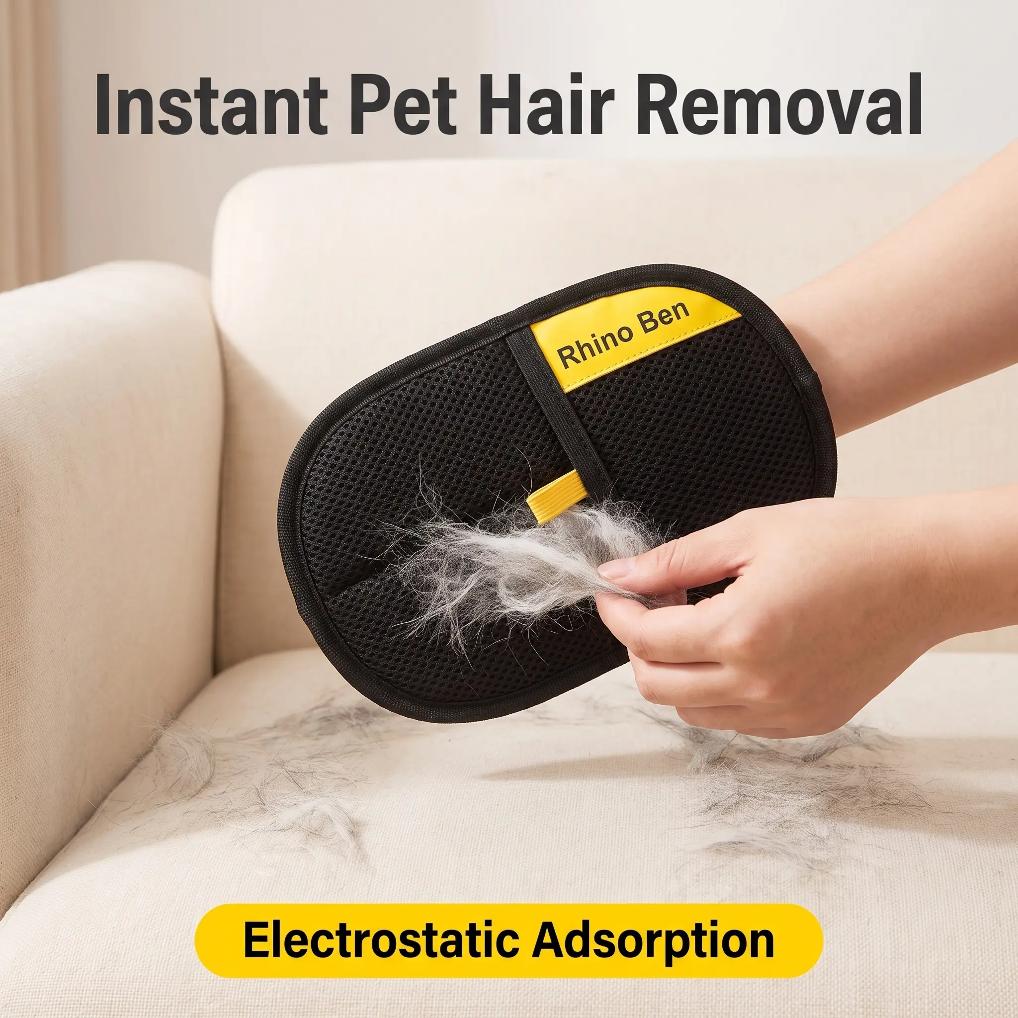 Upgraded Large Electrostatic Pet Hair Removal Grooming Mitt, Reusable Fur Remover Glove for Cats Dogs, Black Yellow Trim Lint Cleaner for Sofa Clothes Bedding Car Seat Loose Fur