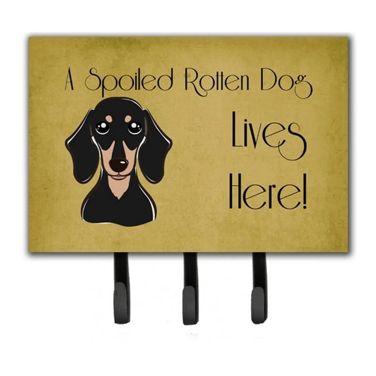 212 MAIN Smooth Black and Tan Dachshund Metal Triple Hook Hanger - "Spoiled Dog Lives Here", Wall-Mount Compatible, 6x2x9in Dachshund Tile Accent Home Decor Key & Leash Holder