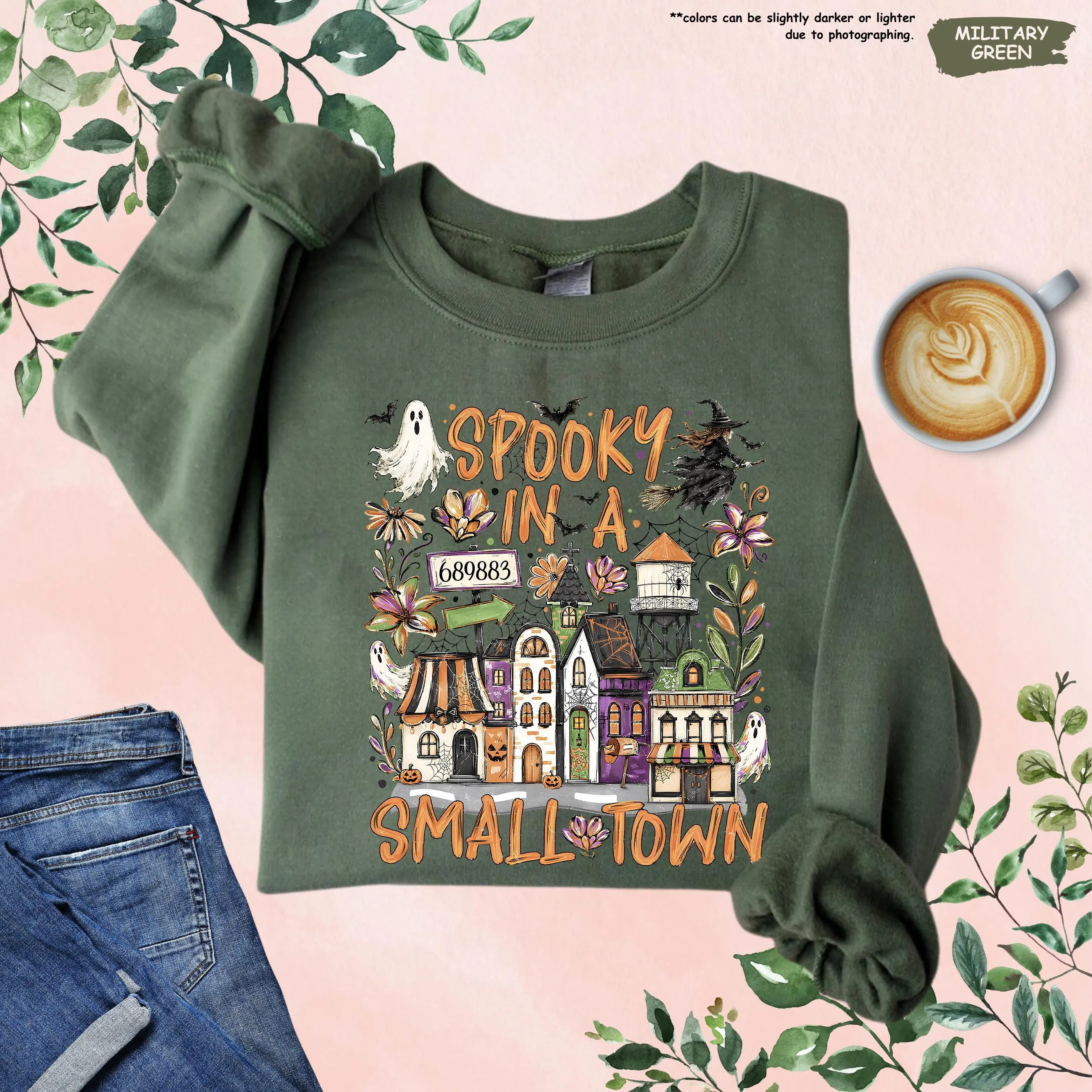 Custom Zip Code Halloween Graphic Sweatshirt, Spooky In A Small Town Crewneck, Personalized Halloween Town Pullover, Fall Party Gift for Women & Men