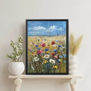[Sale off up to 40%] [Frame Canvas] Spring Wildflower Meadow Art, Blue Sky Impasto Oil Painting Print, Large Farmhouse Botanical Decor, Thick Floral Meadow Canvas
