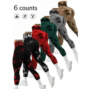 6 pcs Women's Tie Dye Pattern Ruched High Waist Sports Leggings, Casual Sporty Comfy Breathable  High Stretch Skinny Pants for Yoga Gym Workout Running, Ladies Sportswear for All Seasons, Tummy ControlGift