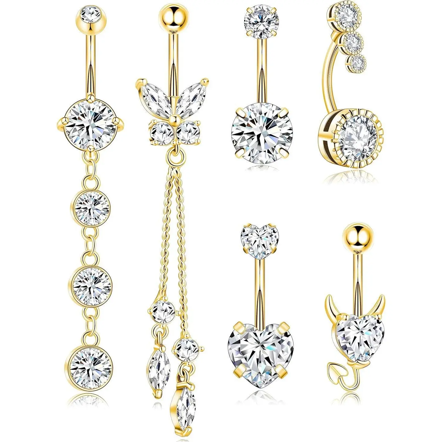 Women's BY-013 Surgical Steel Belly Button Rings Set, 14g (1.6mm) Casual Body Jewelry with AAAA Grade CZ, Beads, Heart & Butterfly Dangling Elements