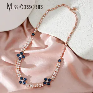 Navy Blue Clover Crystal Choker | Sparkly CZ Border Rose Gold Tone | Viral Four-Leaf Clover Statement Necklace | Y2K Party Wear for Women | Perfect Gift for Her: Navy Blue Clover Crystal Choker, Cubic Zirconia, Link Chain