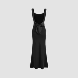 Cider Scoop Neckline Solid Bowknot Backless Maxi Dress