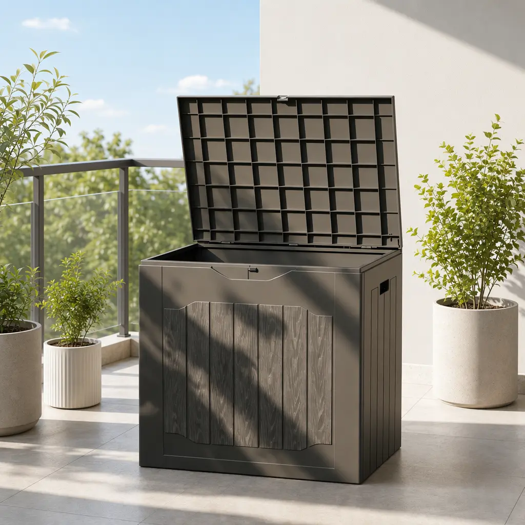 Max4out 35 Gallon Outdoor Resin Storage Box, Weather Resistant Deck Chest with Lockable Cover & Handles, Heavy Duty Organizer for Patio, Garden, Pool & Yard