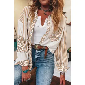 Khaki Leopard Striped Patchwork Button-up Shirt Shacket