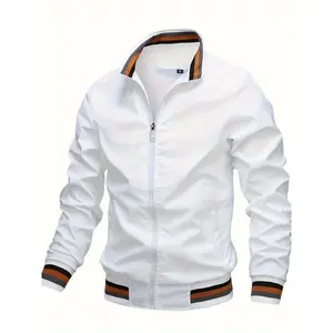 Men's casual stand collar varsity jacket-100% polyester solid color lightweight bomber jacket with zipper placket and long sleeves for hiking & casual wear