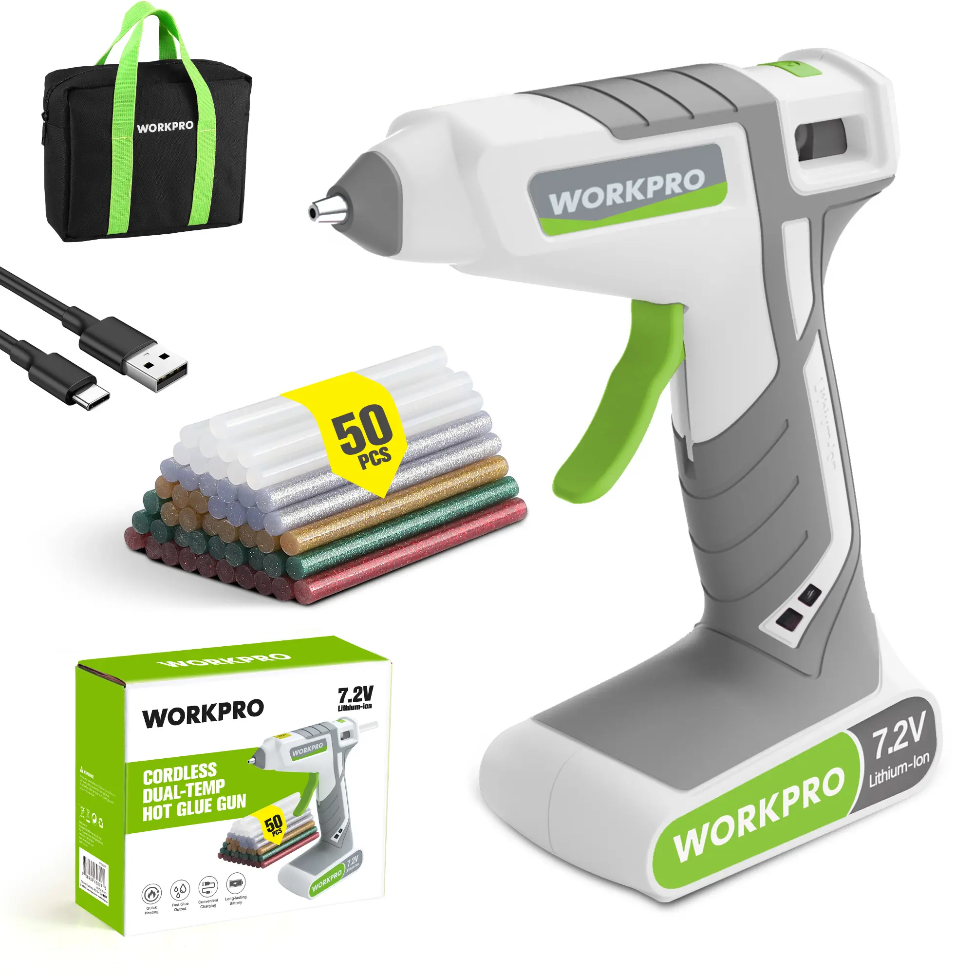 #summersale WORKPRO Cordless Hot Glue Gun, 30s Fast Preheating, 7.2V Dual-Temp Glue Gun Kit with 50pcs Glue Gun Sticks, Storage Bag, USB-C Charging Cord, 2600mAh Battery for DIY and Crafting