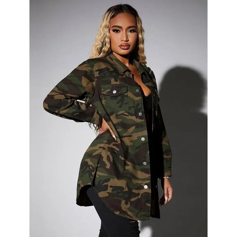 Women's Spring/Autumn Camouflage Printed Cargo Pocket Long Sleeve Casual Denim Jacket Cotton Fabric
