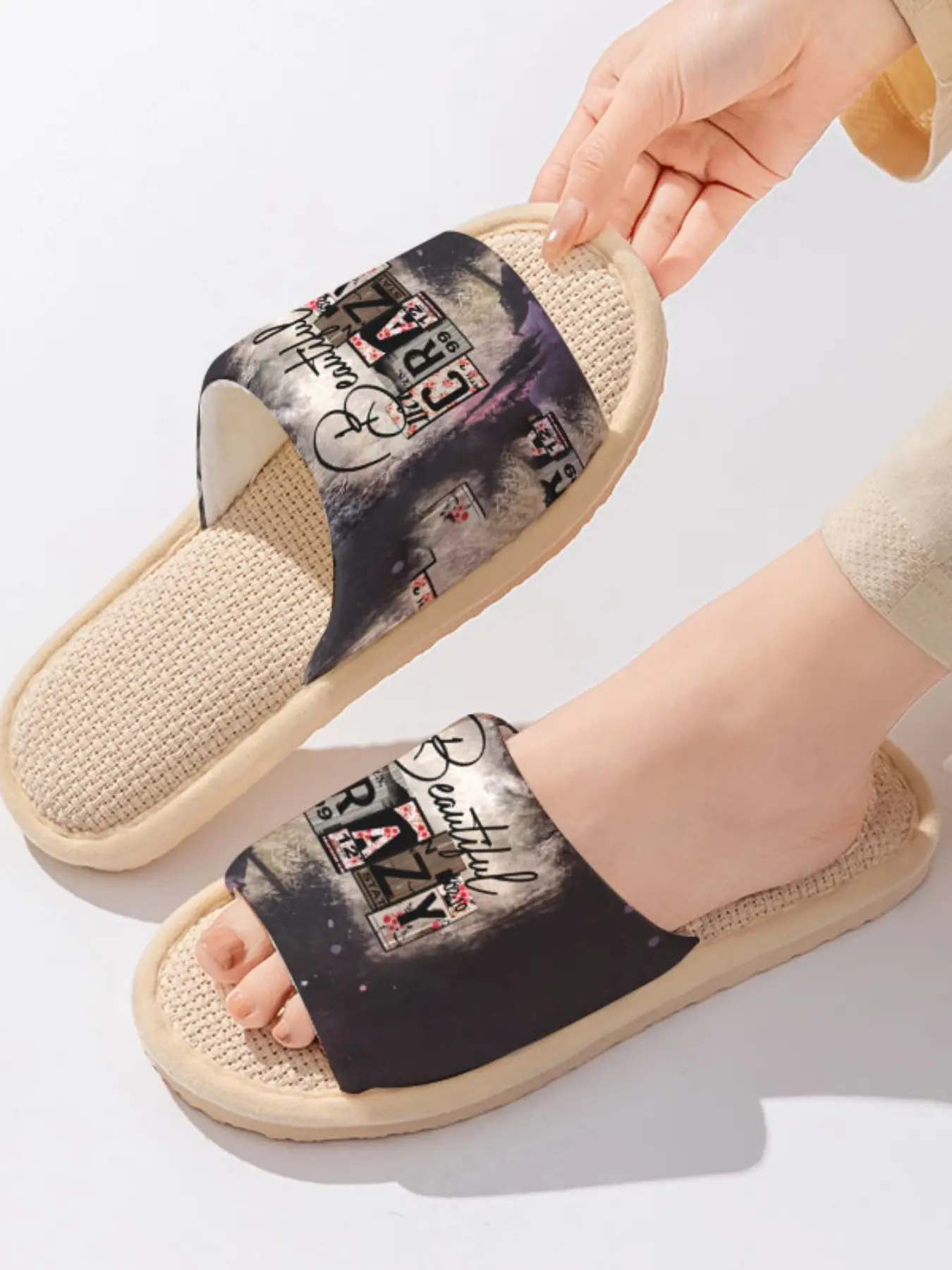 License Plate "CRAZY" & "Beautiful" Ink Slogan | Dark & Edgy 1 Pair Linen Breathable Non-Slip Home Slippers For Trendy People (Spring Summer/Lounging)