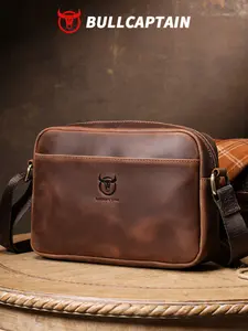 BULLCAPTAIN Men's Genuine Leather Crossbody Bag, First Layer Mad Horse Cowhide Shoulder Waist Pack, Simple Casual Vintage Style Waist Belt Bag