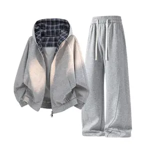 Men's 2-Piece Varsity Menswear Set - Khaki Reversible Hooded Zip Jacket with Plaid Lined Raglan Sleeves, Ribbed Cuffs & Drawstring Waist Unisex Sweatpants, Soft Smooth Fabric Casual Outdoor Clothes for Spring Autumn