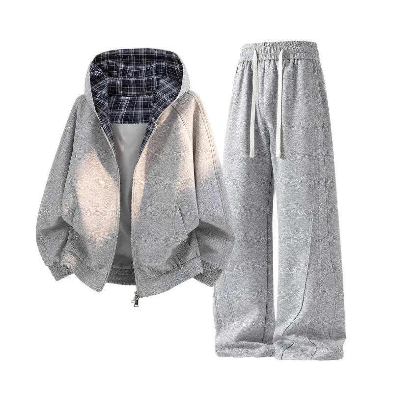 Men's Stylish 2-Piece Sports Khaki Set - Long Reversible Hooded Zip Jacket with Plaid-Lined Raglan Sleeves, Ribbed Cuffs & Drawstring Waist, Soft Smooth Fabric Unisex Sweatpants for Spring Autumn Casual Outdoor Use, Menswear