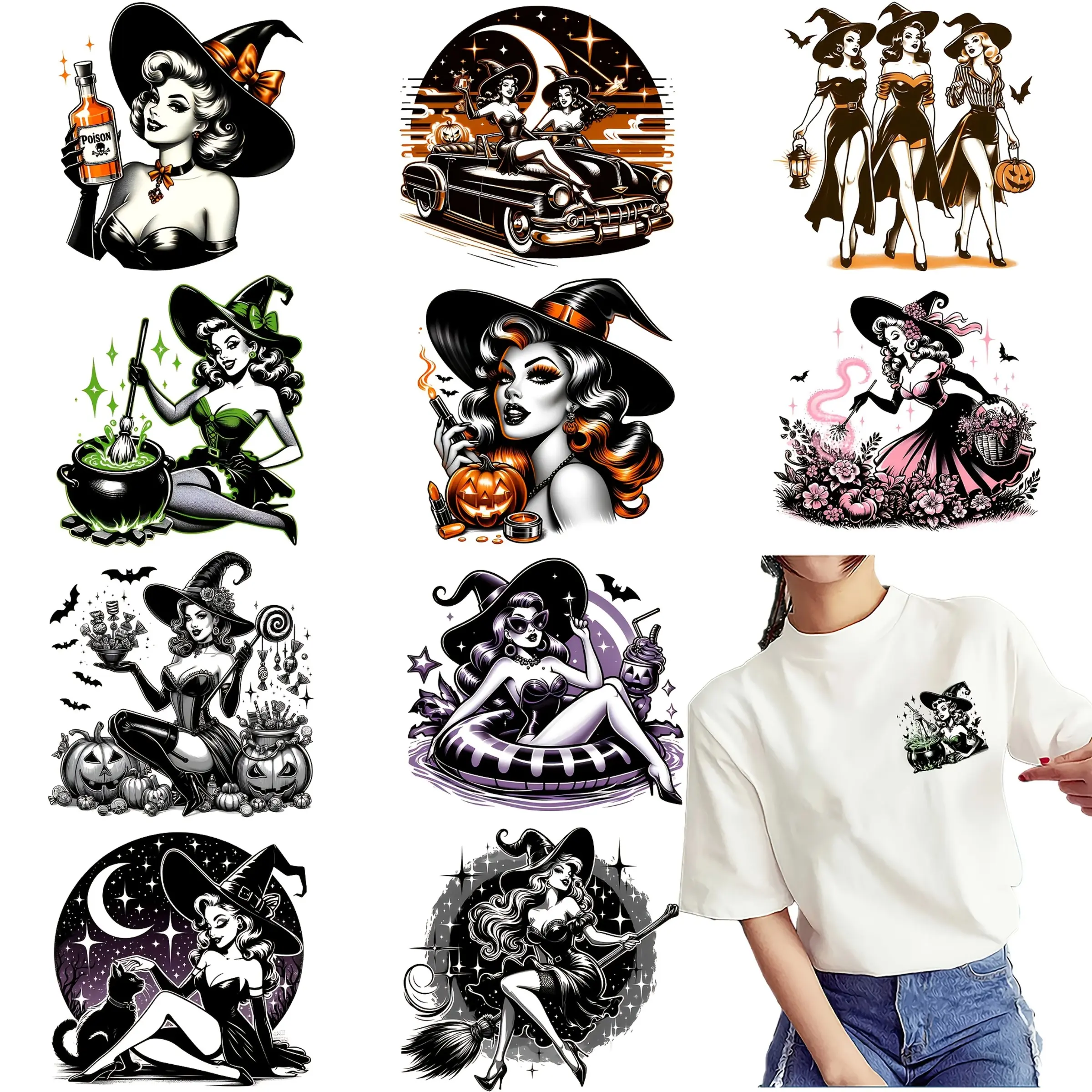 12 Halloween Witch Iron-On Patches, DIY Heat Transfer Stickers for T-Shirts, Jeans, Hats, Backpacks, Washable, No Crack, Fun Craft Decorations