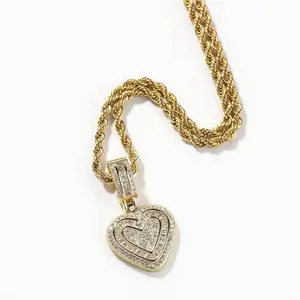 Hip Hop Zircon Heart Necklace for Women, Cubic Diamond Heart Pendant Necklace with 14K Gold Plated Heart Charm Chains Birthday Gifts for Women