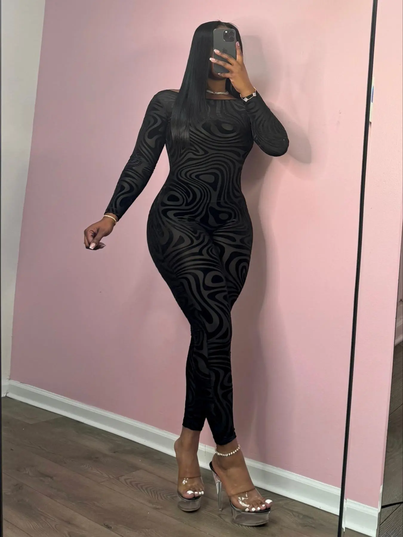 Women's All Over Print Backless Jumpsuit, Lady Fashion Casual Long Sleeve Fitted Bodycon Jumpsuit for Daily Outdoor Wear, Women Clothes for Spring Fall, Longsleeves Womenswear