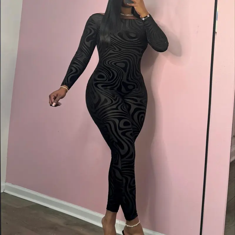 Women's All Over Print Backless Jumpsuit Piece, Lady Fashion Casual Long Sleeve Fitted Bodycon Jumpsuit for Daily Outdoor Wear, Women Clothes for Spring Fall, Longsleeves Womenswear