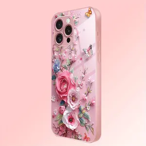 Elegant and Beautiful Pink Flower and Butterfly Design Pattern Metal Paint Anti-drop Glass Phone Case,for iPhone 17 Pro Max Phone Case 17 Air 16E 16 Pro Max 15 Pro Max 15 Plus 14 Plus 13 12 11 Phone Cases