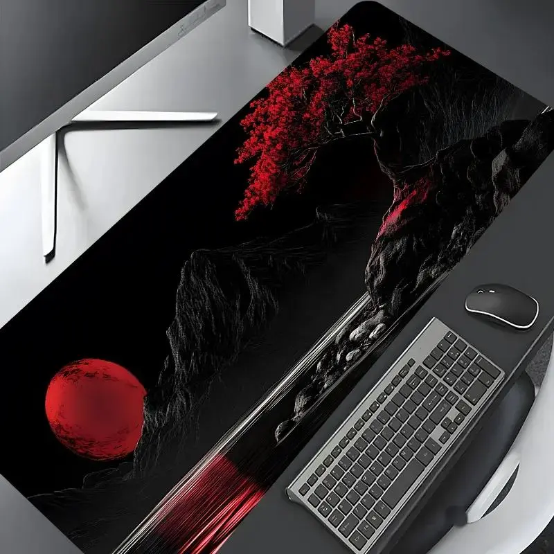 Japanese Dark Red Moon Tree Design Large Gaming Mouse Pad - Washable, Non-Slip Lock Edge Rubber Mousepad, Multi-Size Desktop Protection Accessory for Home Office, Ideal Gift for Loved Ones