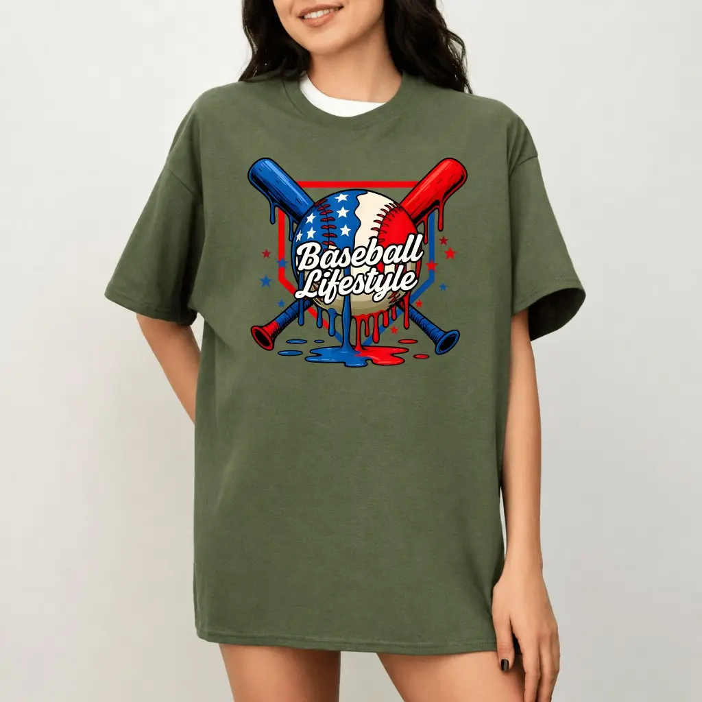 Baseball Lifestyle T-Shirt, Patriotic Baseball Graphic Tee, American Flag Baseball With Crossed Bats Design, Red White Blue Game Day Outfit, Sports Fan Gift for Men Women Baseball Lovers