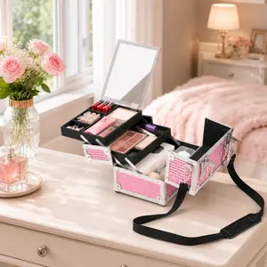 Costoffs Aluminum Makeup Train Case with Mirror, Portable Travel Cosmetic Organizer with 2 Trays & Adjustable Dividers