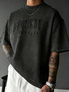 Men's Plus Size 2xl-6xl Short Sleeve T-Shirt, Brooklyn Vintage Street Style Print Top, Casual Fitted Letter Pattern, with Collar