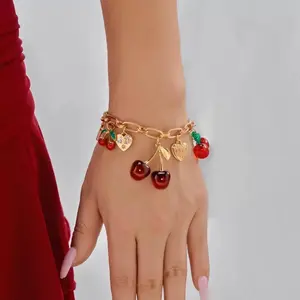 Women's 2-PCS 2026 Tarnish-Free Cherry Heart Bow Jewelry Set - Adjustable Bracelet, Heart Charm Necklace, Ideal Valentine’s Day Gift for Daily Casual Wear