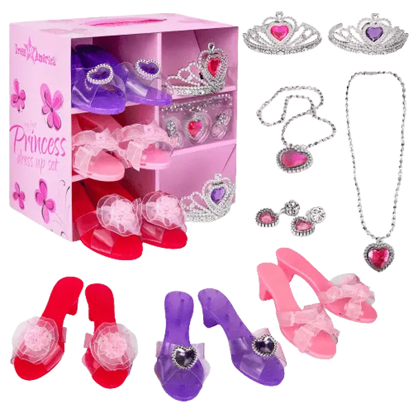 Princess Jewelry, Shoes and Tiara Set For Kids - 3 Pairs of Toddler Dress Up Heels with 2 Tiaras, Necklace & Earrings - Dress-Up Princess Gift for Little Girls - Perfect for Halloween, Theme Party, Pretend Play & School Play -  Cosplay Costume Accessory