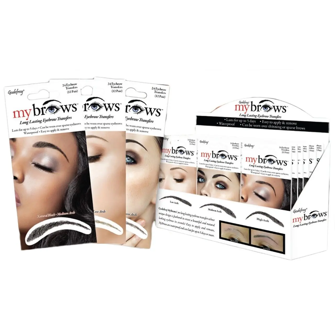 Godefroy MyBrows Long Lasting Eyebrow Transfers Cosmetic - Low Arch, Medium Brown, 12-Pairs, Water Proof Makeup Pigmenting Eyebrow Gels