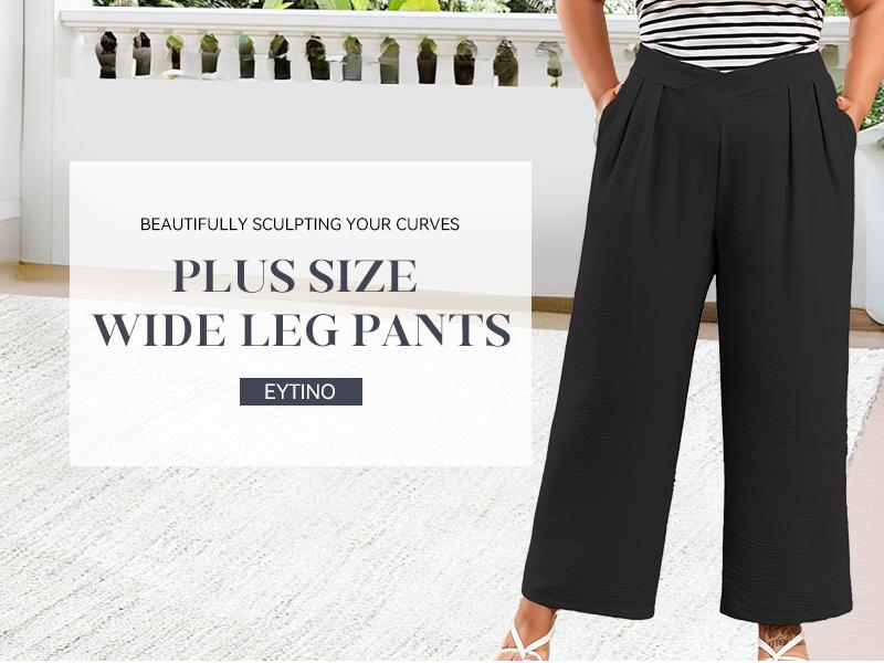 Eytino Womens Plus Size Wide Leg Pants Crossover Waist Pleated Front Casual Work Pants Lounge Trouser with Pockets(1X-5X)