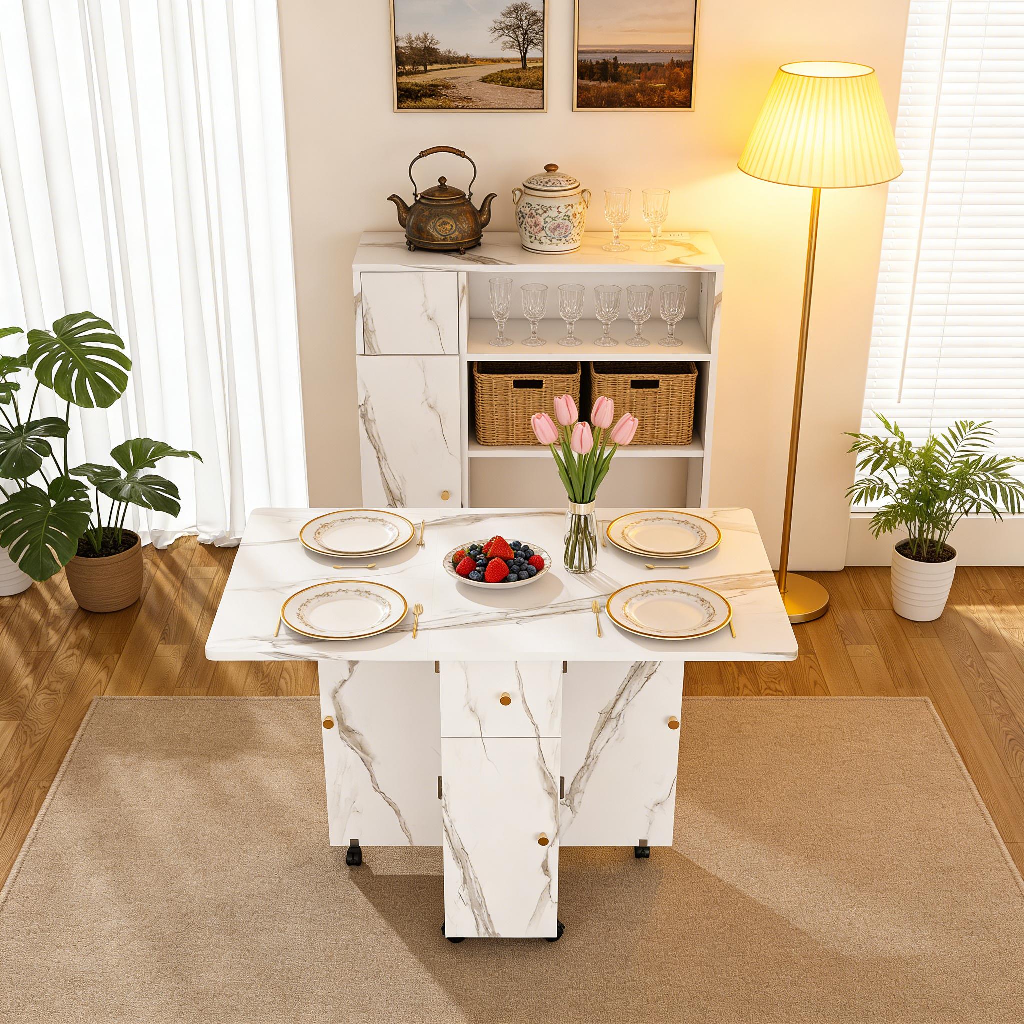 Multifunctional Folding Dining Table with Wall-Mounted Sideboard & Storage for Small Apartments - Space-Saving Foldable Desk & Table, White, 4-in-1 Power Outlet + USB, Silent Wheels, Locking Mechanism, Eco-Friendly, Apartment Essentials