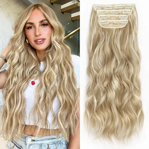 NAYASA Women's Clip-In Hair Extensions - 4PCS 20 in Fiber Synthetic Curls, Thick Volume Pieces for Ponytail Hairstyles, Natural Curly Synthetic Extensions for Adults