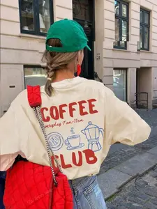 Women's Casual Round Neck Short Sleeve Coffee English Print T-Shirt, Vintage Minimalist Design, Versatile Daily Wear