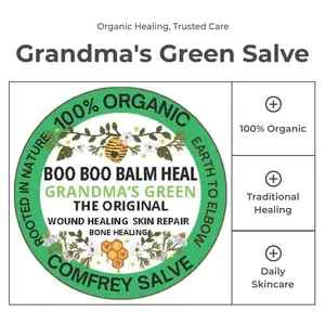 BOO BOO BALM LLC Grandma's Green The Original 100% Organic Comfrey Salve for Wound Healing Skin Repair & Bone Care Natural Supplement, Body Care, Daily, Daily Use, Wound Care Hand Restore Cream Moisture Boost Cream