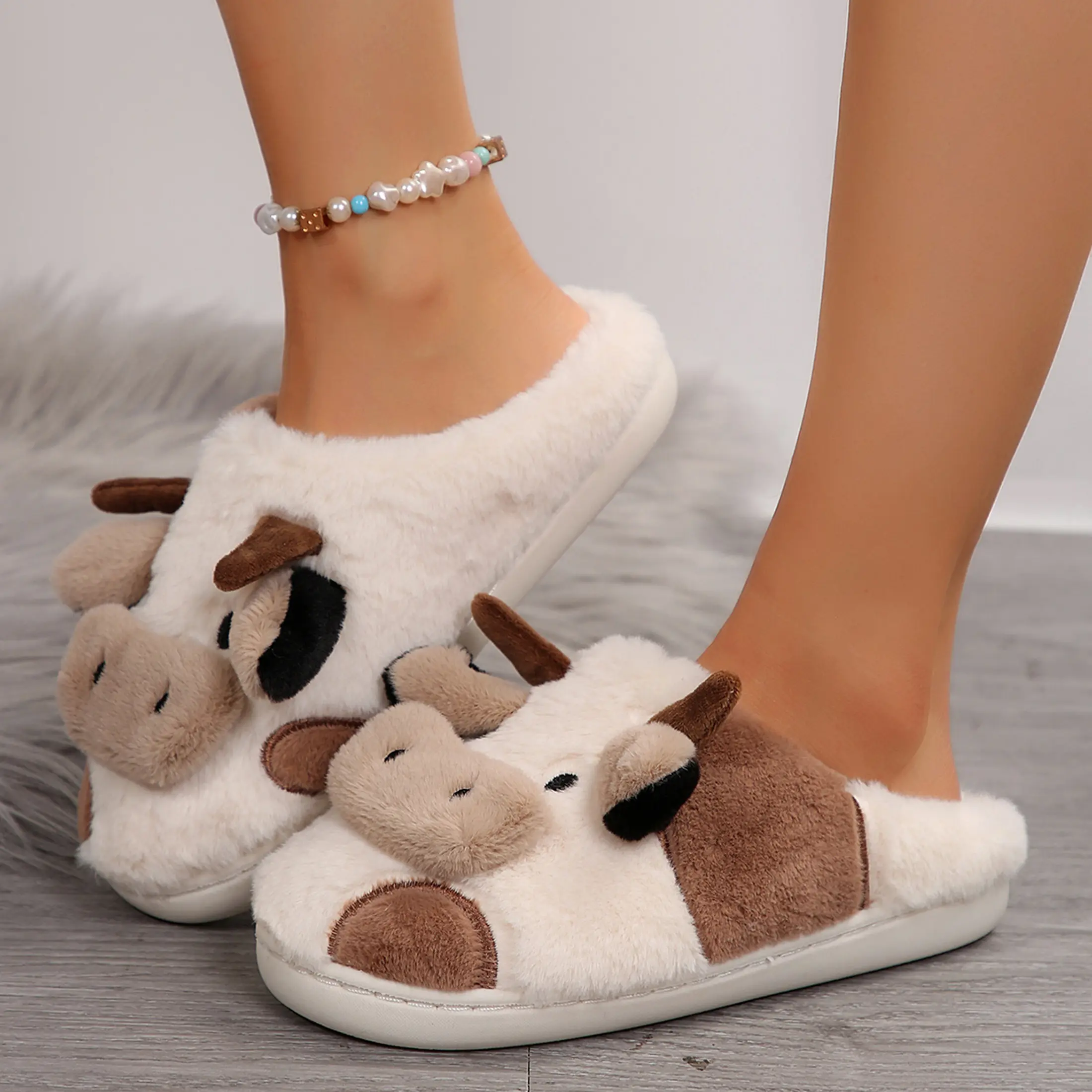 Womens Mens Cow Slippers Kawaii Animal Cartoon Cute Fuzzy Cotton Plush House Slippers Cloud Bedroom Winter House Shoes for Indoor