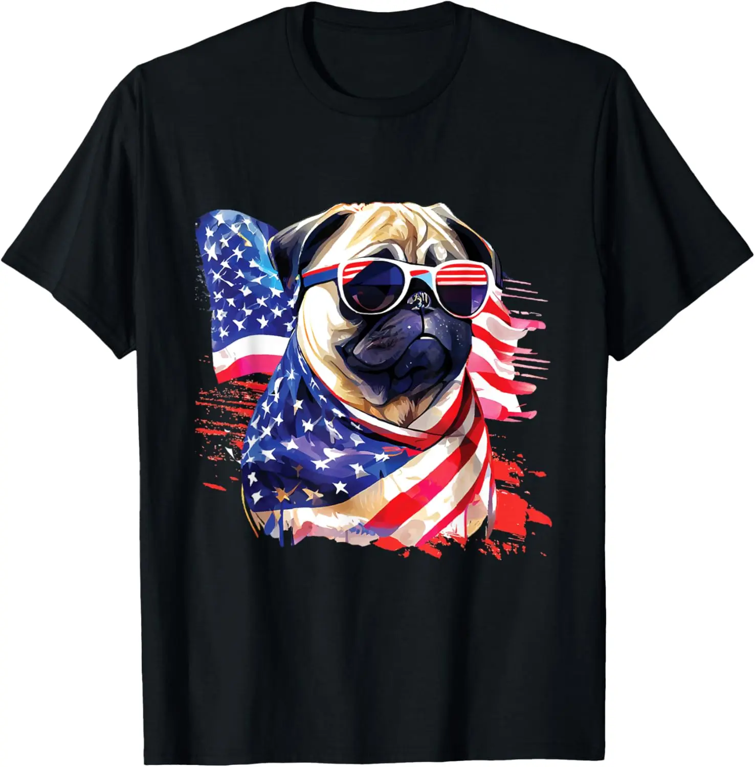 Patriotic Pug Graphic T-Shirt, Men's Casual Short Sleeve Round Neck Tee for Dog Lovers in Soft 100% Natural Cotton