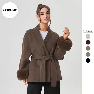 KatchMe Women's Elegant Solid Color Waist Tie Fuzzy Cuff Wrap Coat, Cozy Plush Long Sleeve Thermal Coat, Casual Fall & Winter Outerwear Jacket