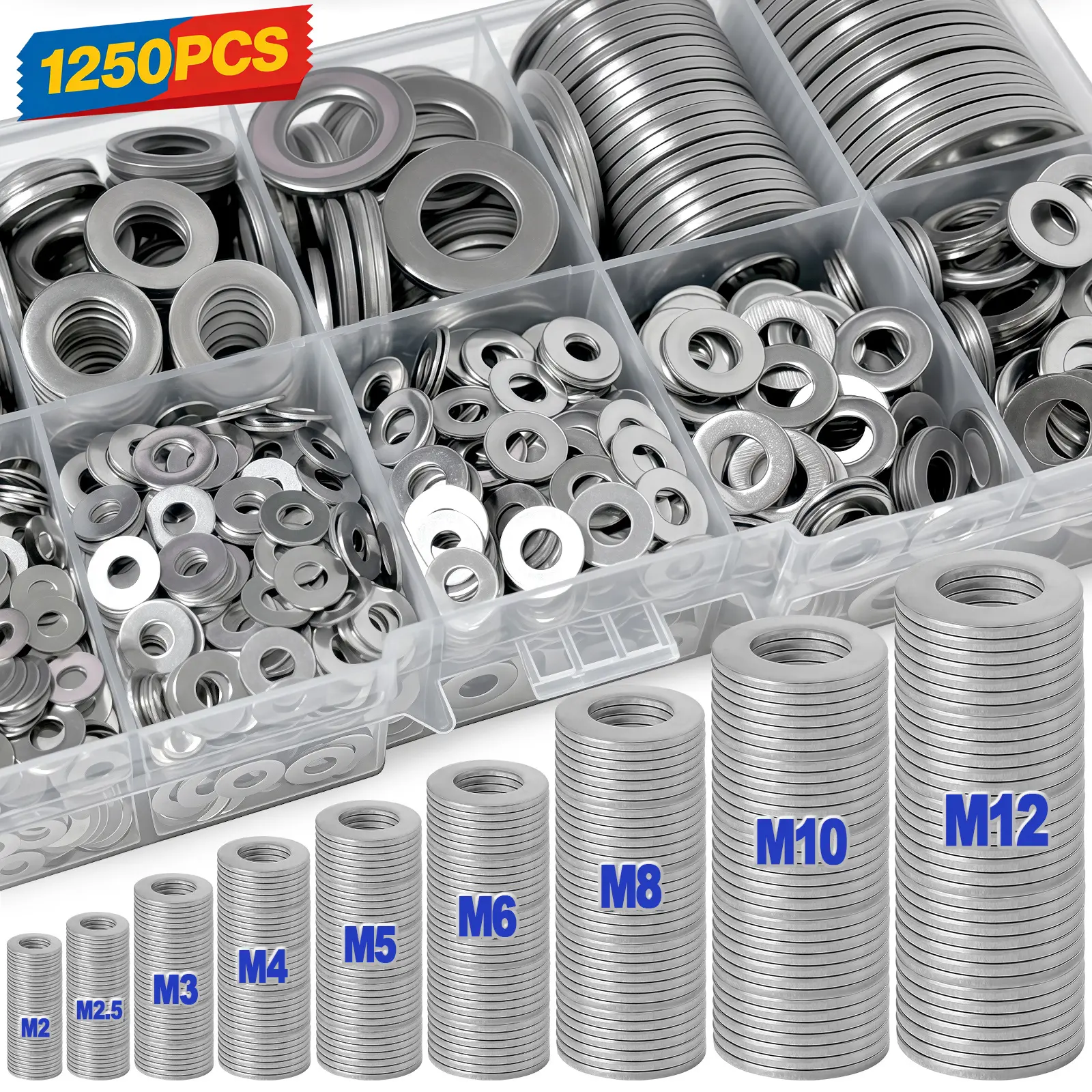 304 Stainless Steel Flat Washers (1250 Pieces, 9 Different Sizes M2-M2.5-M3-M4-M5-M6-M8-M10-M12) in Durable Box for Industrial Screws, Bolts, DIY Projects, Daily Repairs