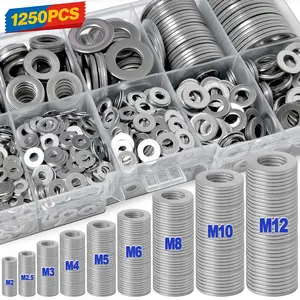 304 Stainless Steel Flat Washers (1250 Pieces, 9 Different Sizes M2-M2.5-M3-M4-M5-M6-M8-M10-M12) in Durable Box for Industrial Screws, Bolts, DIY Projects, Daily Repairs